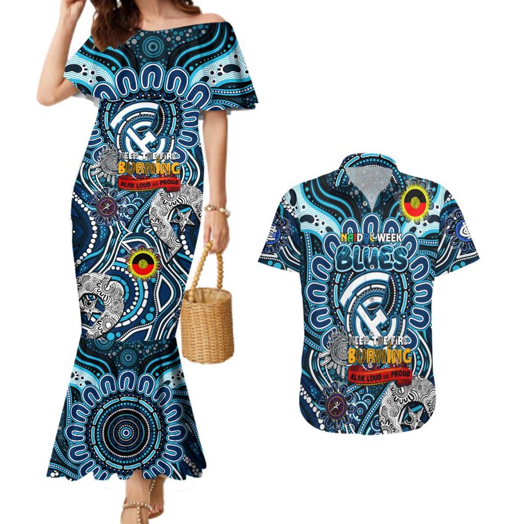 Custom Carlton Blues NAIDOC Week 2024 Couples Matching Mermaid Dress and Hawaiian Shirt Mascot Football