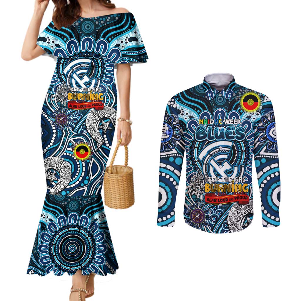 Custom Carlton Blues NAIDOC Week 2024 Couples Matching Mermaid Dress and Long Sleeve Button Shirt Mascot Football