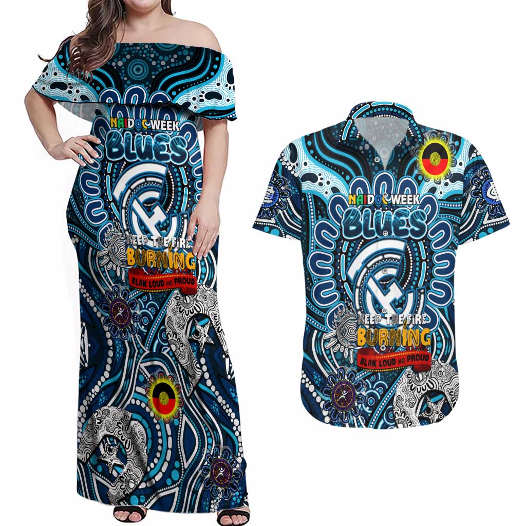 Custom Carlton Blues NAIDOC Week 2024 Couples Matching Off Shoulder Maxi Dress and Hawaiian Shirt Mascot Football
