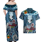 Custom Carlton Blues NAIDOC Week 2024 Couples Matching Off Shoulder Maxi Dress and Hawaiian Shirt Mascot Football