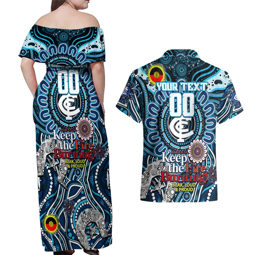 Custom Carlton Blues NAIDOC Week 2024 Couples Matching Off Shoulder Maxi Dress and Hawaiian Shirt Mascot Football