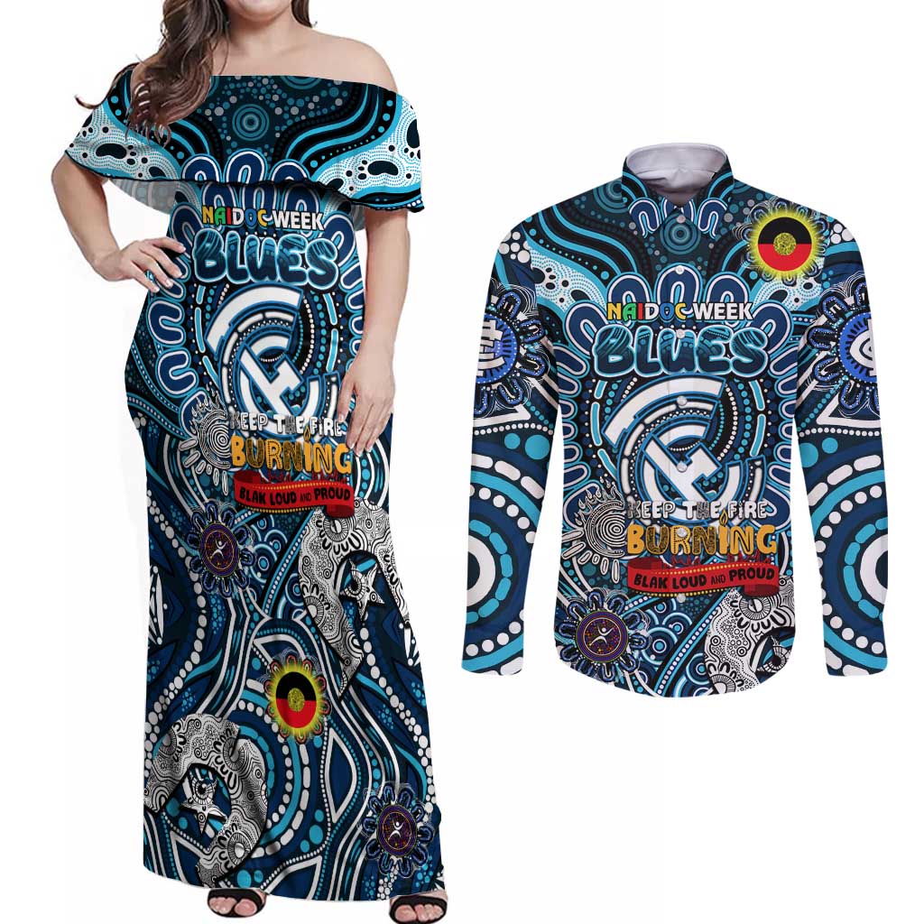 Custom Carlton Blues NAIDOC Week 2024 Couples Matching Off Shoulder Maxi Dress and Long Sleeve Button Shirt Mascot Football