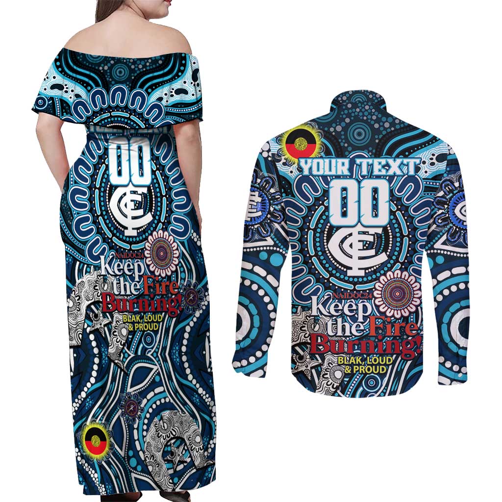 Custom Carlton Blues NAIDOC Week 2024 Couples Matching Off Shoulder Maxi Dress and Long Sleeve Button Shirt Mascot Football