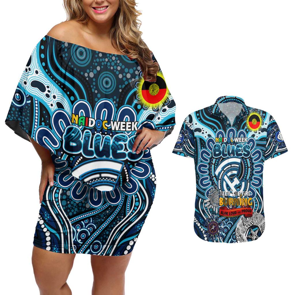 Custom Carlton Blues NAIDOC Week 2024 Couples Matching Off Shoulder Short Dress and Hawaiian Shirt Mascot Football