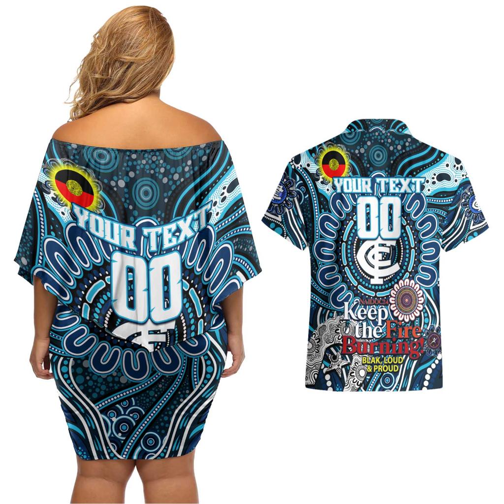 Custom Carlton Blues NAIDOC Week 2024 Couples Matching Off Shoulder Short Dress and Hawaiian Shirt Mascot Football
