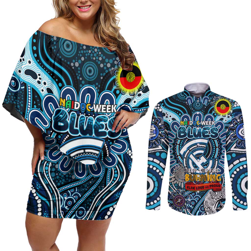 Custom Carlton Blues NAIDOC Week 2024 Couples Matching Off Shoulder Short Dress and Long Sleeve Button Shirt Mascot Football
