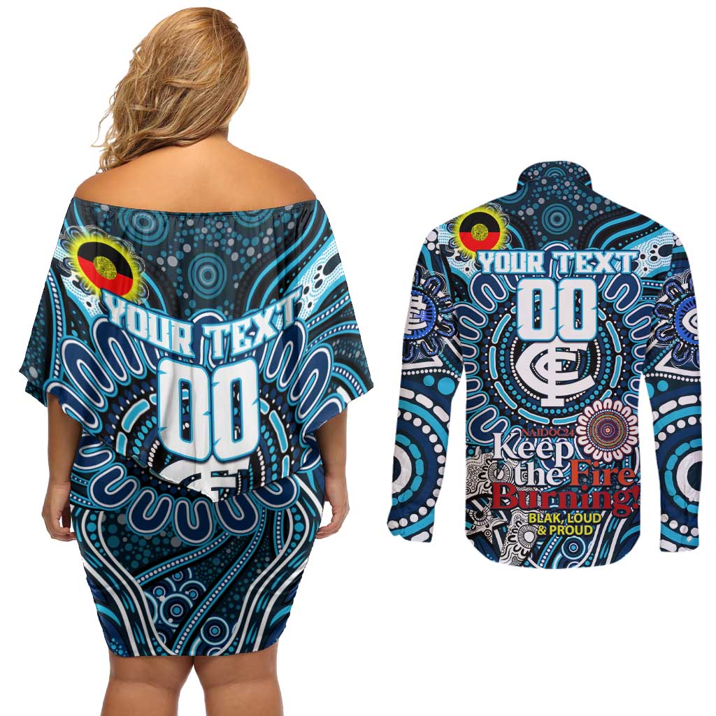 Custom Carlton Blues NAIDOC Week 2024 Couples Matching Off Shoulder Short Dress and Long Sleeve Button Shirt Mascot Football