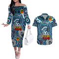 Custom Carlton Blues NAIDOC Week 2024 Couples Matching Off The Shoulder Long Sleeve Dress and Hawaiian Shirt Mascot Football