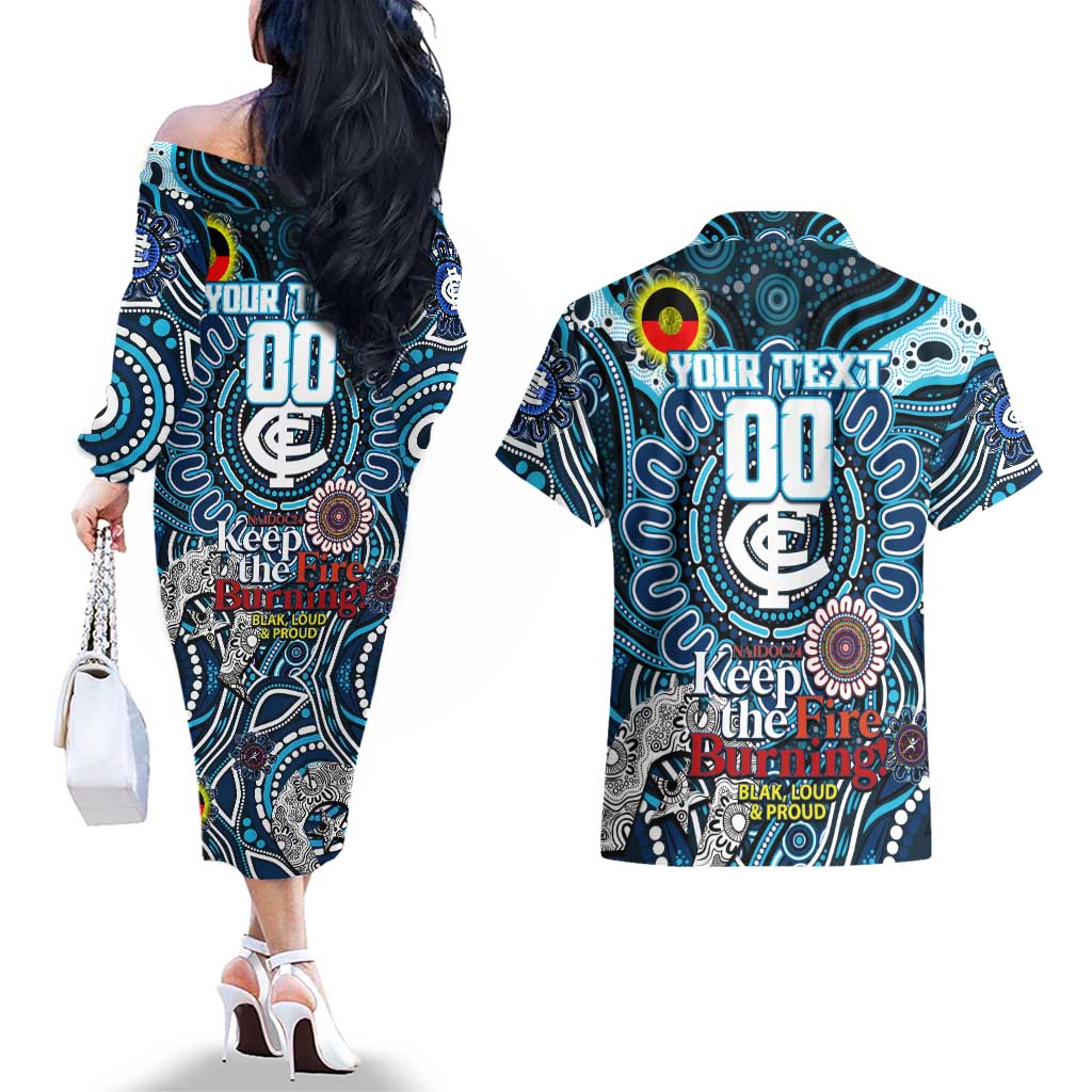 Custom Carlton Blues NAIDOC Week 2024 Couples Matching Off The Shoulder Long Sleeve Dress and Hawaiian Shirt Mascot Football