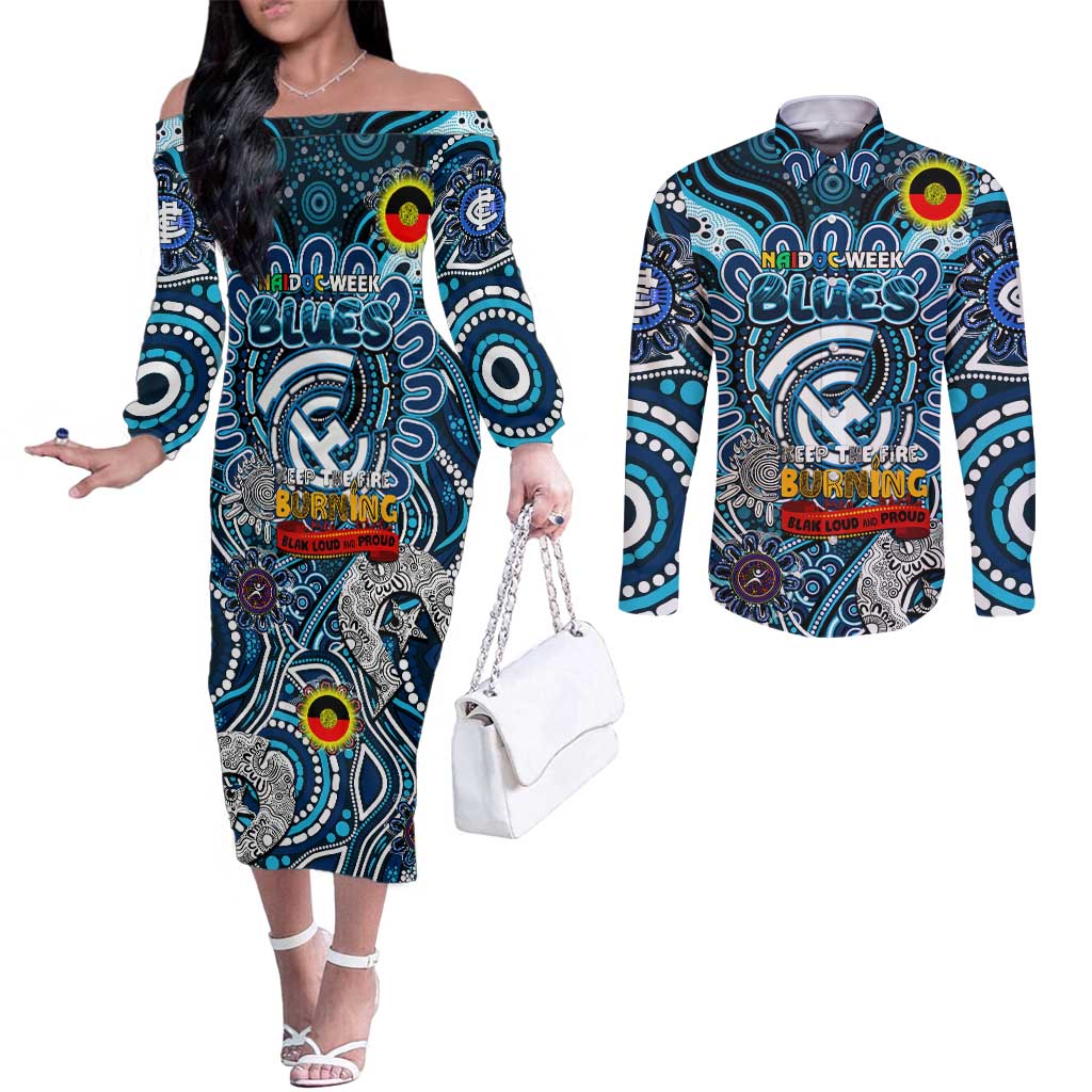 Custom Carlton Blues NAIDOC Week 2024 Couples Matching Off The Shoulder Long Sleeve Dress and Long Sleeve Button Shirt Mascot Football