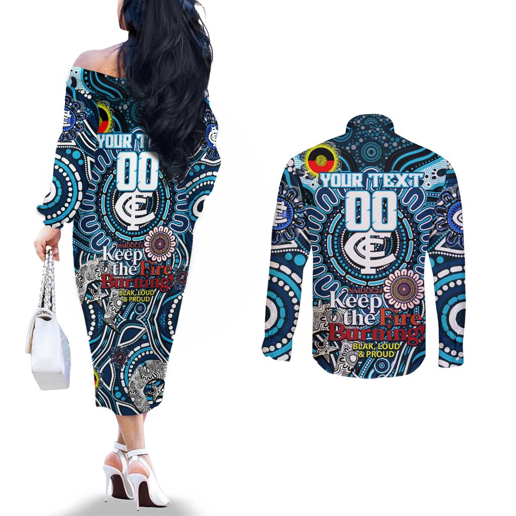 Custom Carlton Blues NAIDOC Week 2024 Couples Matching Off The Shoulder Long Sleeve Dress and Long Sleeve Button Shirt Mascot Football