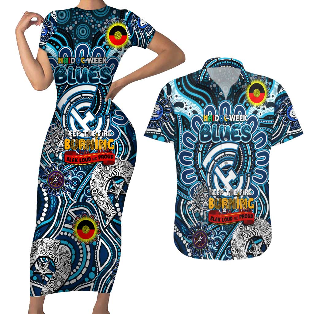 Custom Carlton Blues NAIDOC Week 2024 Couples Matching Short Sleeve Bodycon Dress and Hawaiian Shirt Mascot Football
