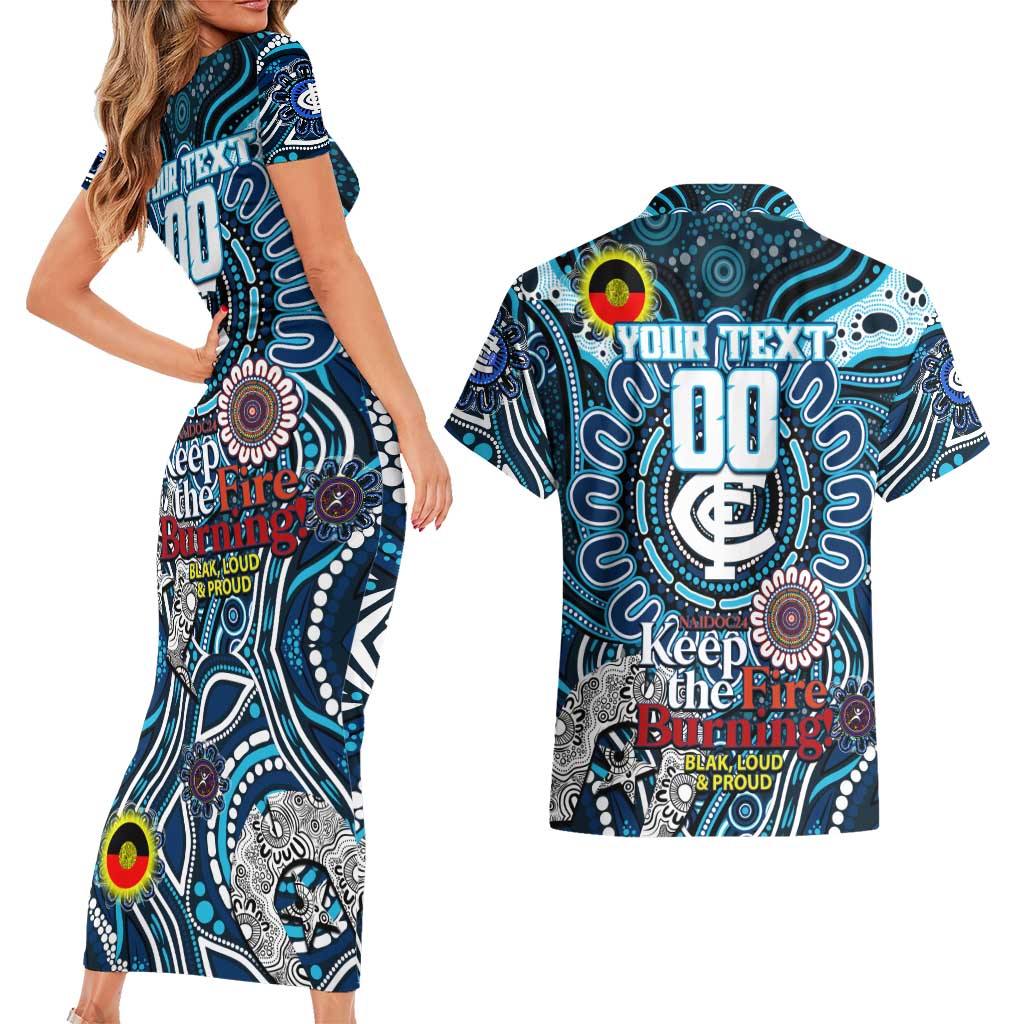 Custom Carlton Blues NAIDOC Week 2024 Couples Matching Short Sleeve Bodycon Dress and Hawaiian Shirt Mascot Football
