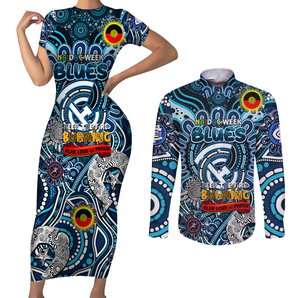 Custom Carlton Blues NAIDOC Week 2024 Couples Matching Short Sleeve Bodycon Dress and Long Sleeve Button Shirt Mascot Football