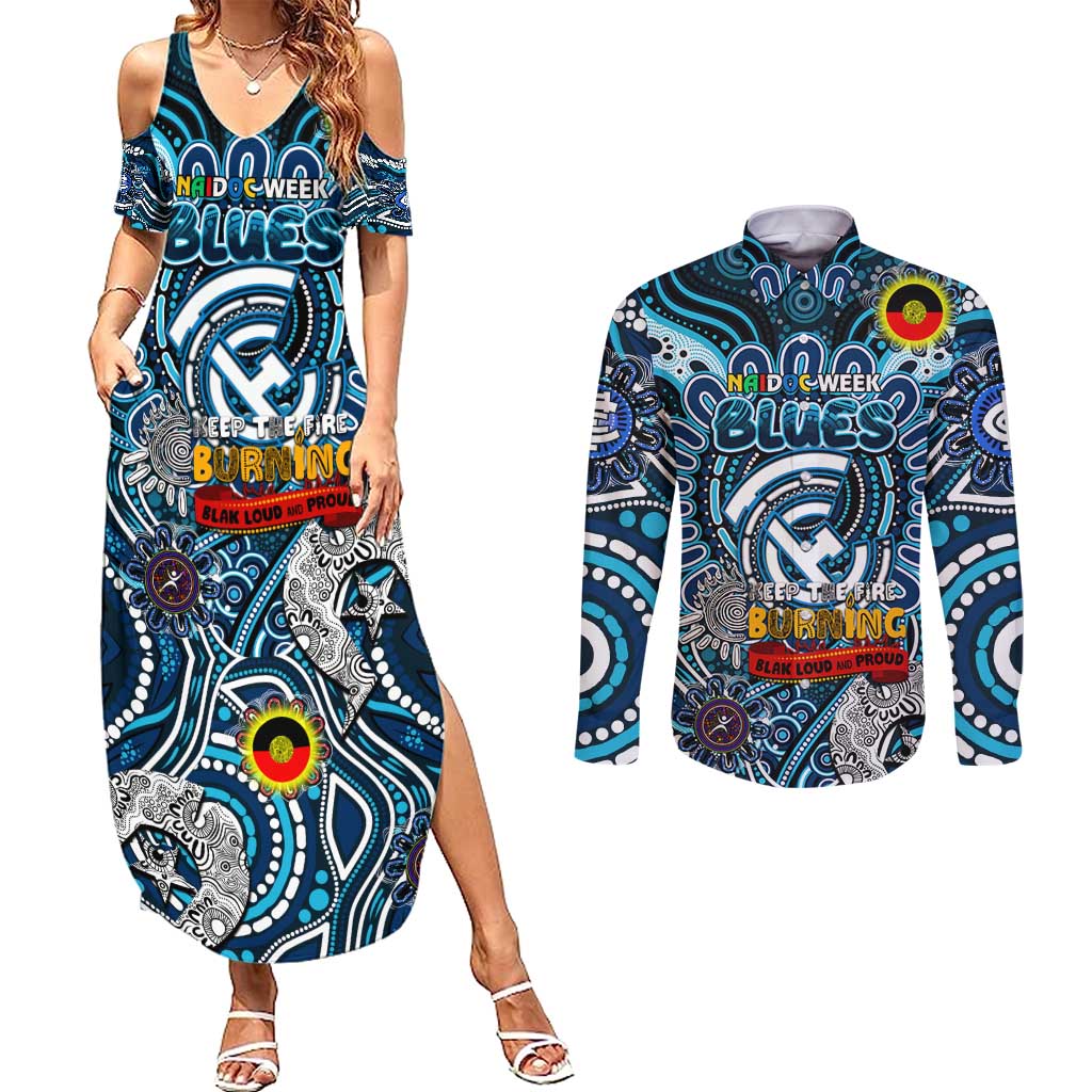 Custom Carlton Blues NAIDOC Week 2024 Couples Matching Summer Maxi Dress and Long Sleeve Button Shirt Mascot Football