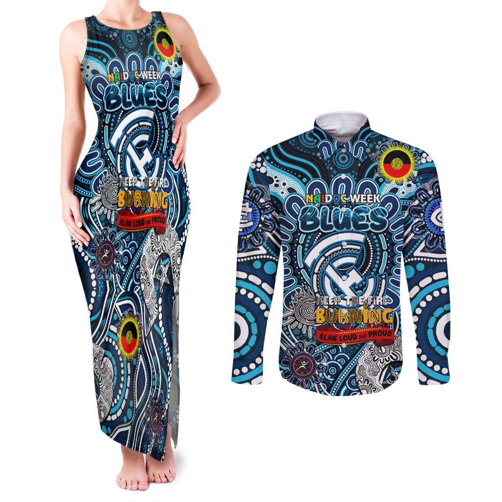 Custom Carlton Blues NAIDOC Week 2024 Couples Matching Tank Maxi Dress and Long Sleeve Button Shirt Mascot Football