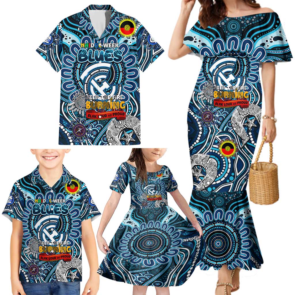 Custom Carlton Blues NAIDOC Week 2024 Family Matching Mermaid Dress and Hawaiian Shirt Mascot Football