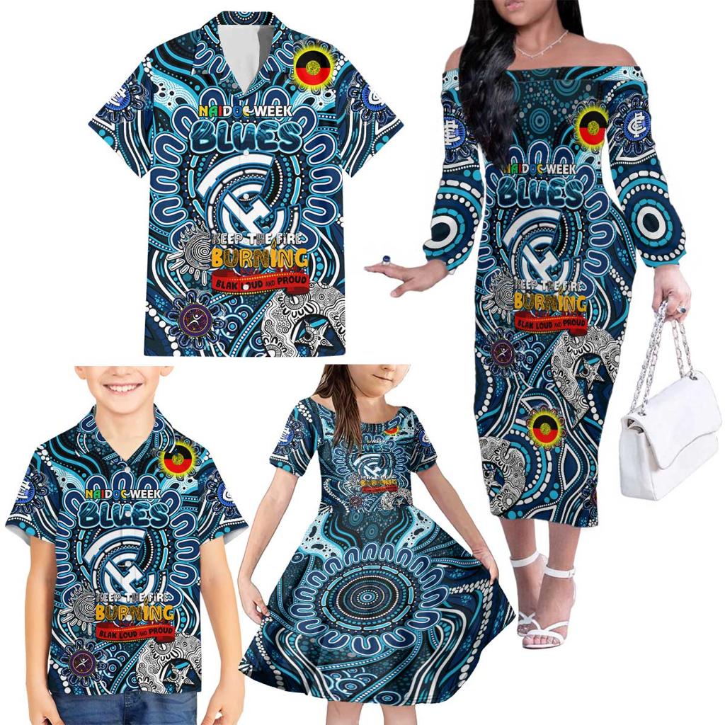 Custom Carlton Blues NAIDOC Week 2024 Family Matching Off The Shoulder Long Sleeve Dress and Hawaiian Shirt Mascot Football