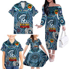Custom Carlton Blues NAIDOC Week 2024 Family Matching Off The Shoulder Long Sleeve Dress and Hawaiian Shirt Mascot Football