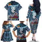 Custom Carlton Blues NAIDOC Week 2024 Family Matching Off The Shoulder Long Sleeve Dress and Hawaiian Shirt Mascot Football