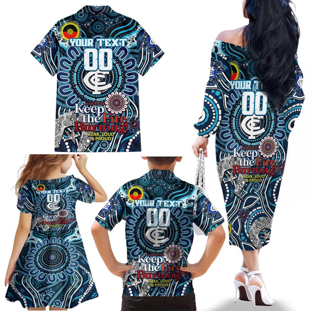 Custom Carlton Blues NAIDOC Week 2024 Family Matching Off The Shoulder Long Sleeve Dress and Hawaiian Shirt Mascot Football