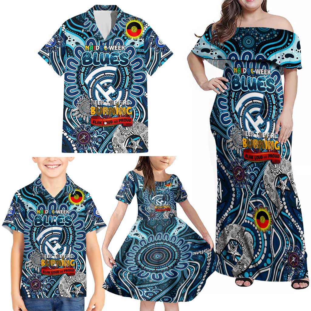 Custom Carlton Blues NAIDOC Week 2024 Family Matching Off Shoulder Maxi Dress and Hawaiian Shirt Mascot Football