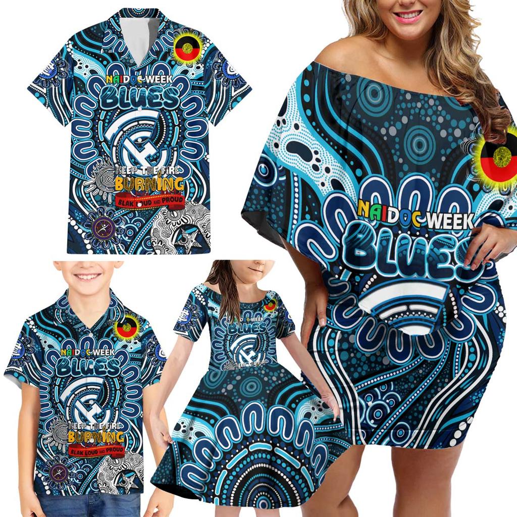 Custom Carlton Blues NAIDOC Week 2024 Family Matching Off Shoulder Short Dress and Hawaiian Shirt Mascot Football