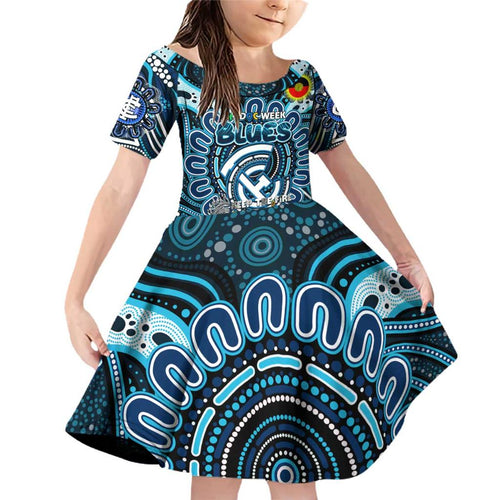 Custom Carlton Blues NAIDOC Week 2024 Family Matching Off Shoulder Short Dress and Hawaiian Shirt Mascot Football