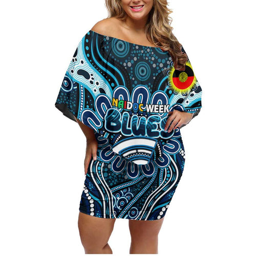 Custom Carlton Blues NAIDOC Week 2024 Family Matching Off Shoulder Short Dress and Hawaiian Shirt Mascot Football