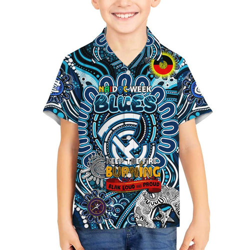 Custom Carlton Blues NAIDOC Week 2024 Family Matching Off Shoulder Short Dress and Hawaiian Shirt Mascot Football