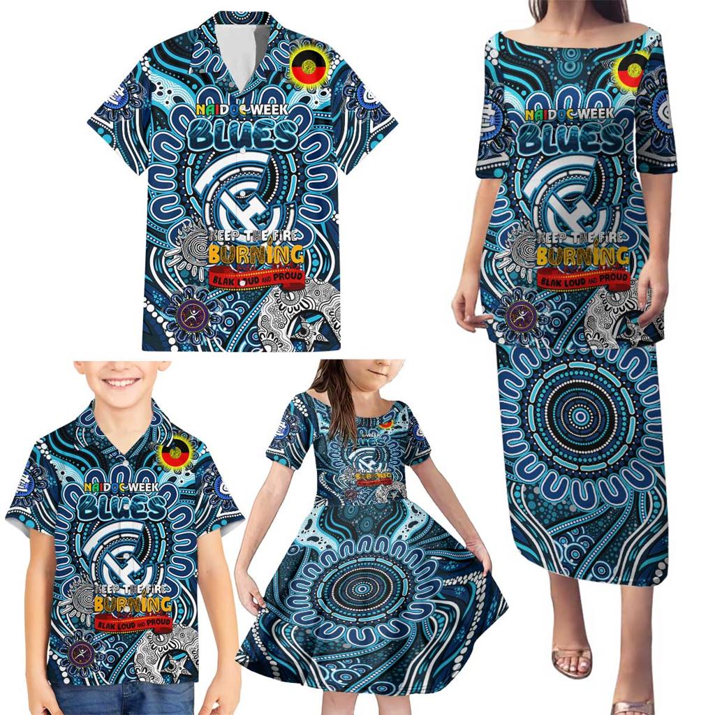 Custom Carlton Blues NAIDOC Week 2024 Family Matching Puletasi and Hawaiian Shirt Mascot Football