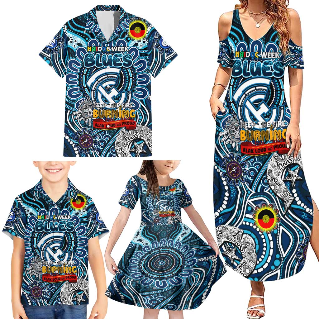 Custom Carlton Blues NAIDOC Week 2024 Family Matching Summer Maxi Dress and Hawaiian Shirt Mascot Football