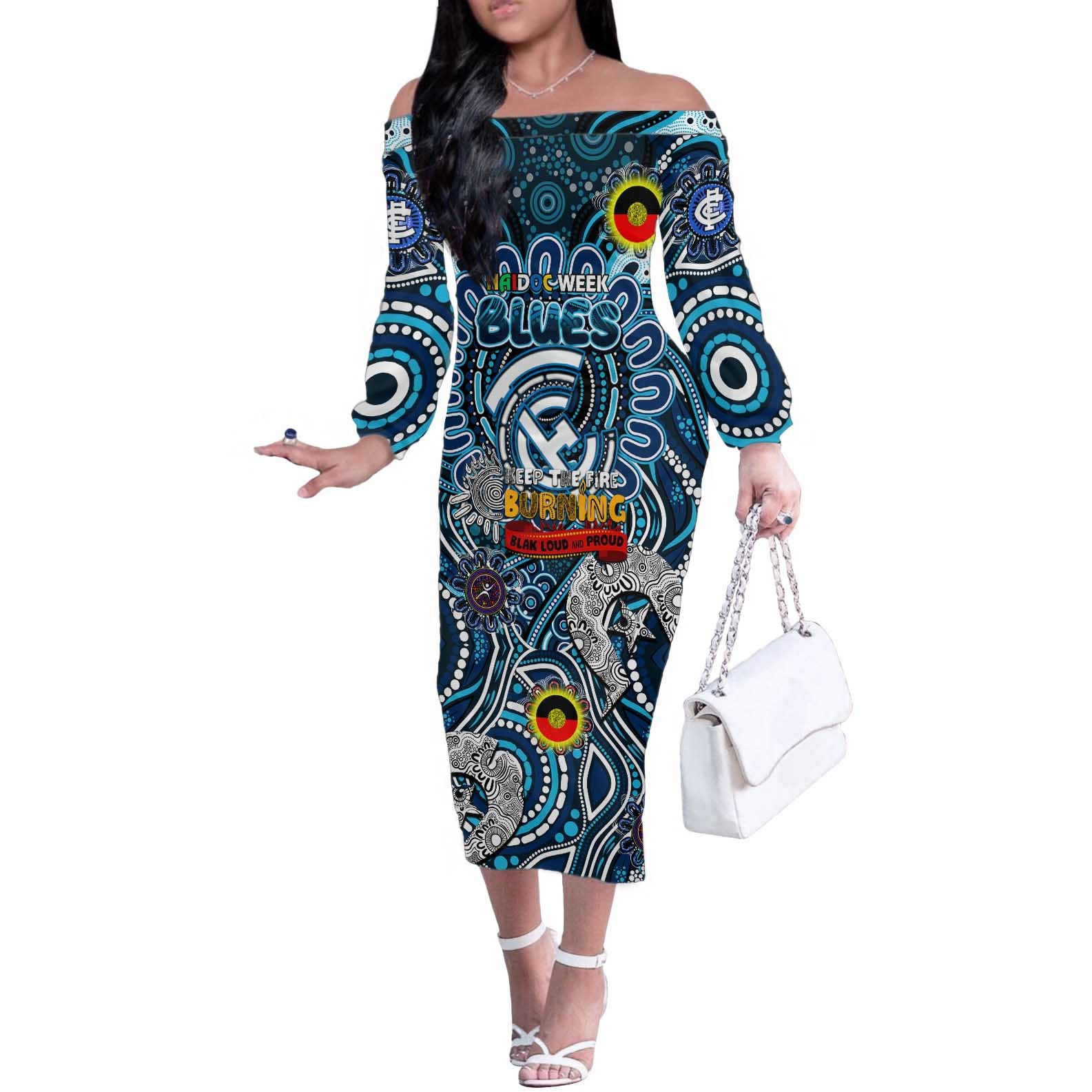 Custom Carlton Blues NAIDOC Week 2024 Off The Shoulder Long Sleeve Dress Mascot Football