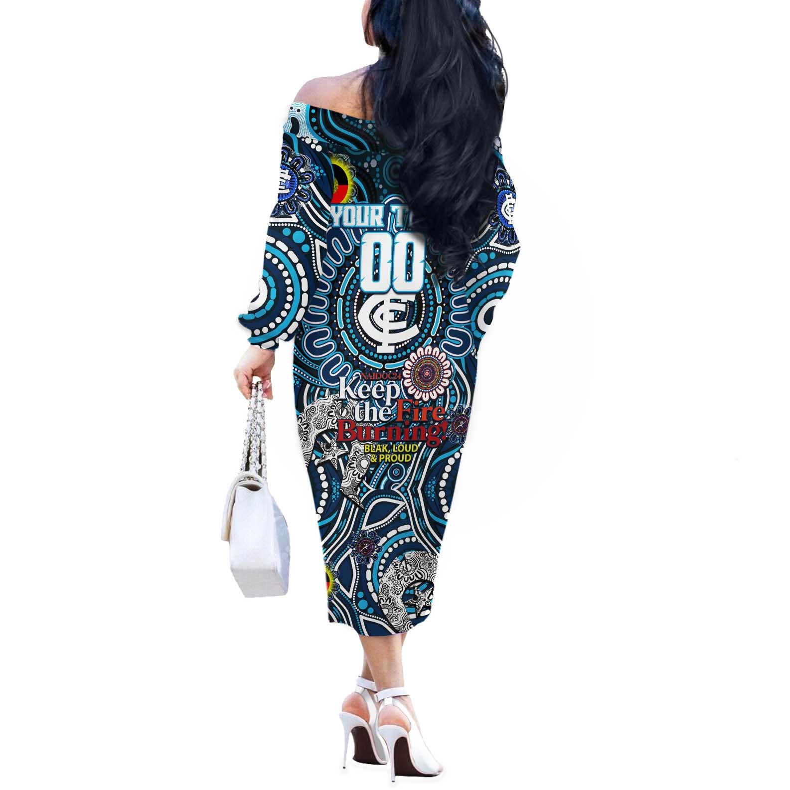 Custom Carlton Blues NAIDOC Week 2024 Off The Shoulder Long Sleeve Dress Mascot Football