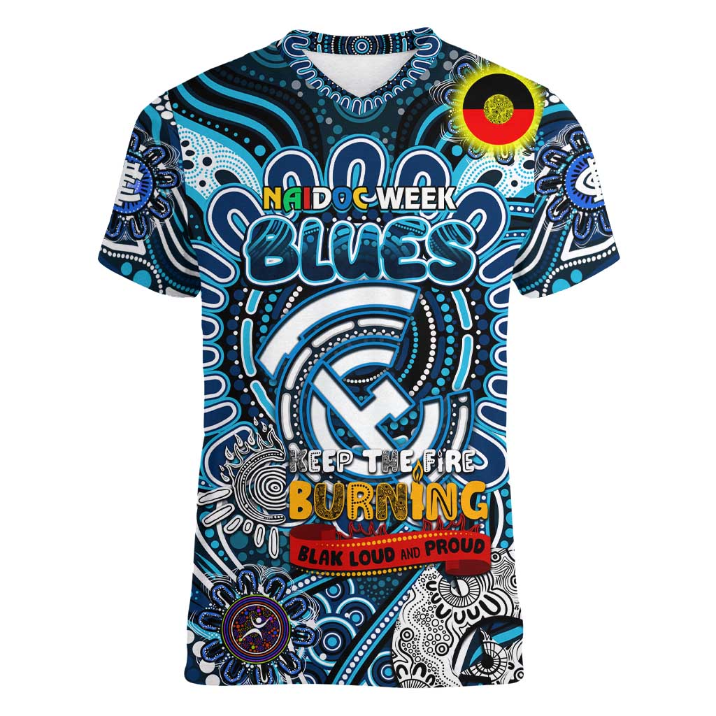 Custom Carlton Blues NAIDOC Week 2024 Women V-Neck T-Shirt Mascot Football