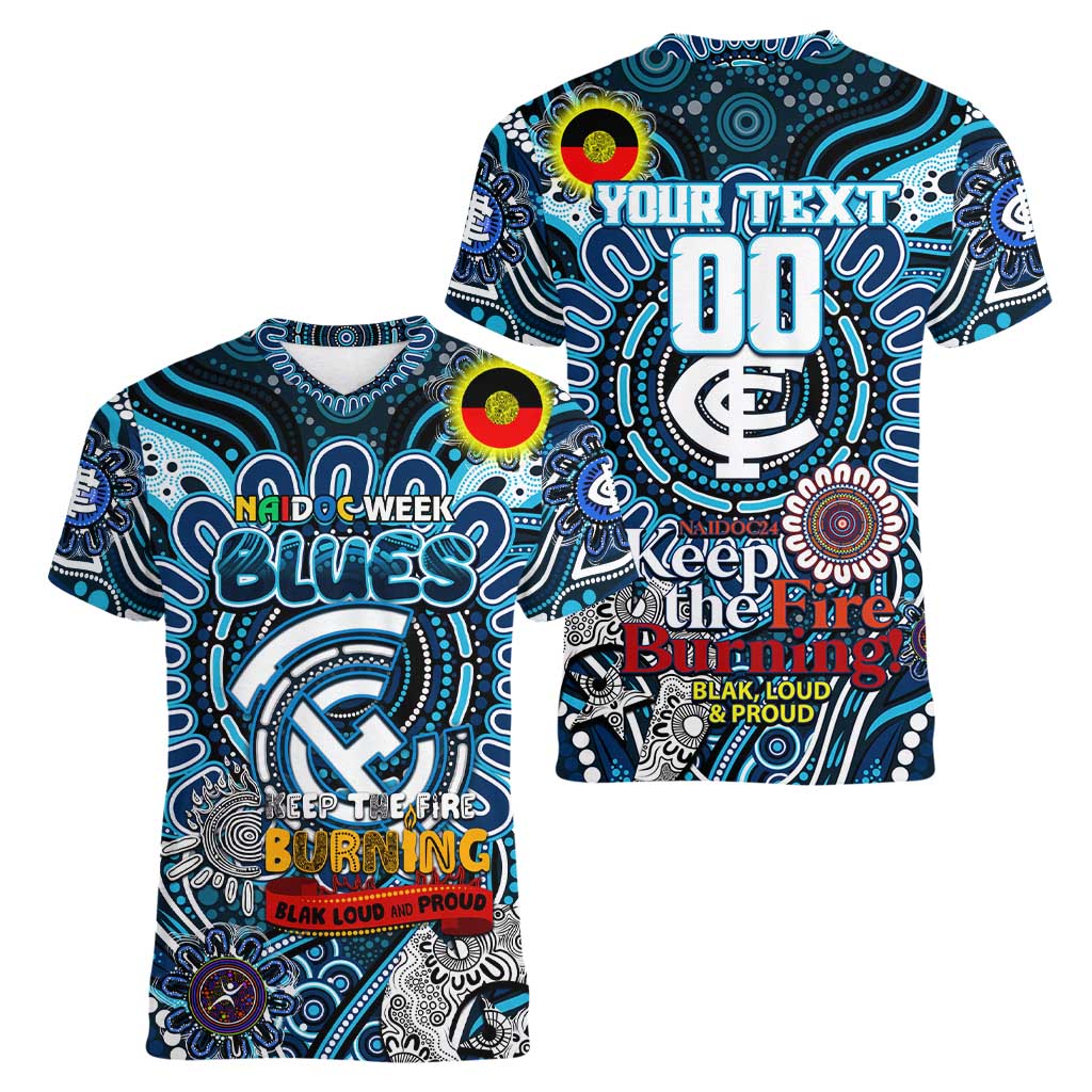 Custom Carlton Blues NAIDOC Week 2024 Women V-Neck T-Shirt Mascot Football