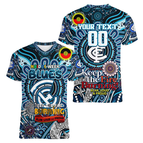 Custom Carlton Blues NAIDOC Week 2024 Women V-Neck T-Shirt Mascot Football