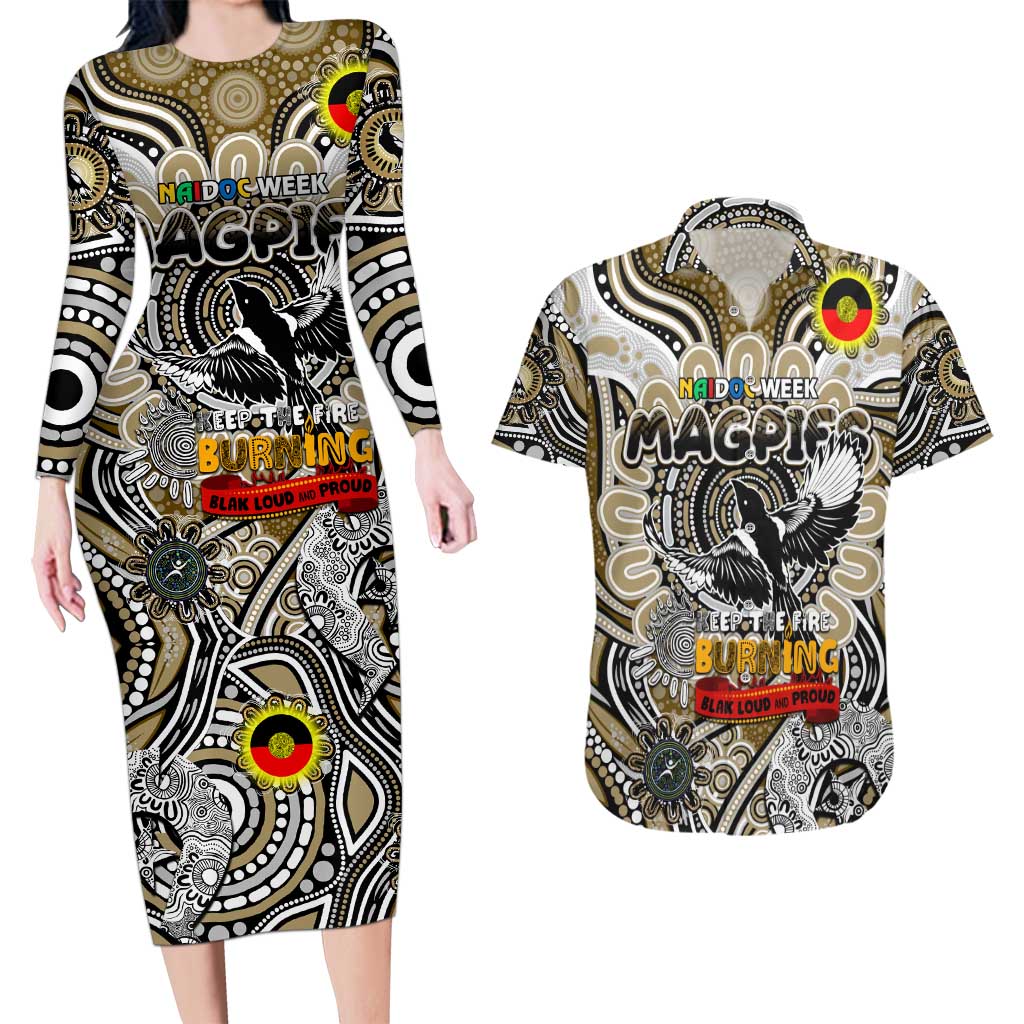 Custom Collingwood Magpies NAIDOC Week 2024 Couples Matching Long Sleeve Bodycon Dress and Hawaiian Shirt Mascot Football