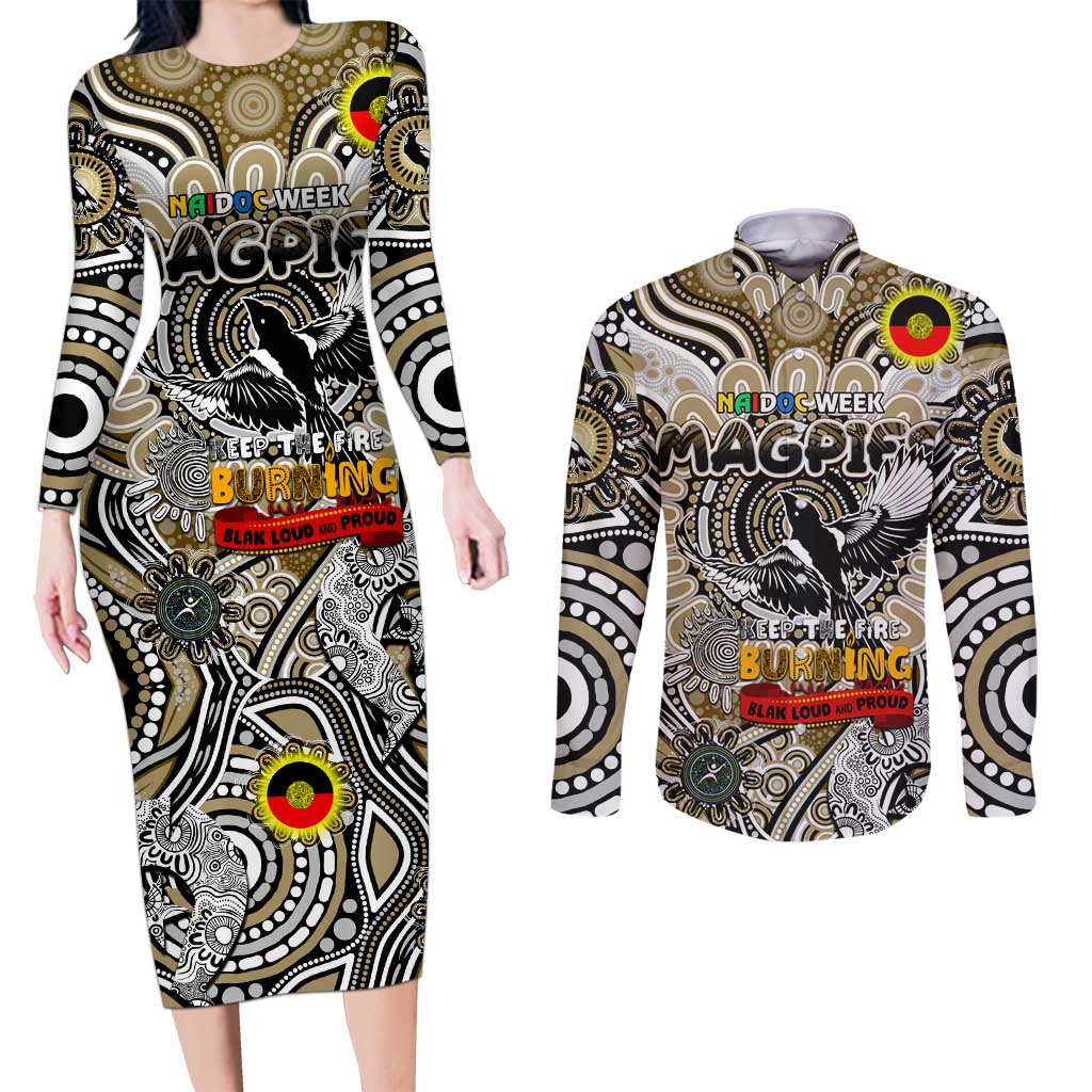 Custom Collingwood Magpies NAIDOC Week 2024 Couples Matching Long Sleeve Bodycon Dress and Long Sleeve Button Shirt Mascot Football