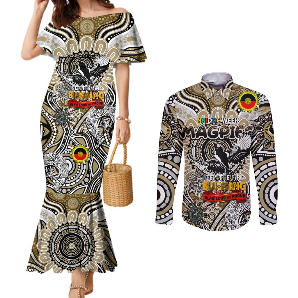 Custom Collingwood Magpies NAIDOC Week 2024 Couples Matching Mermaid Dress and Long Sleeve Button Shirt Mascot Football