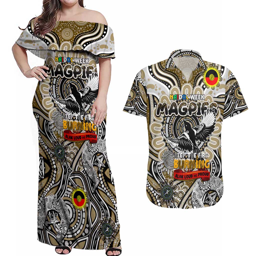 Custom Collingwood Magpies NAIDOC Week 2024 Couples Matching Off Shoulder Maxi Dress and Hawaiian Shirt Mascot Football