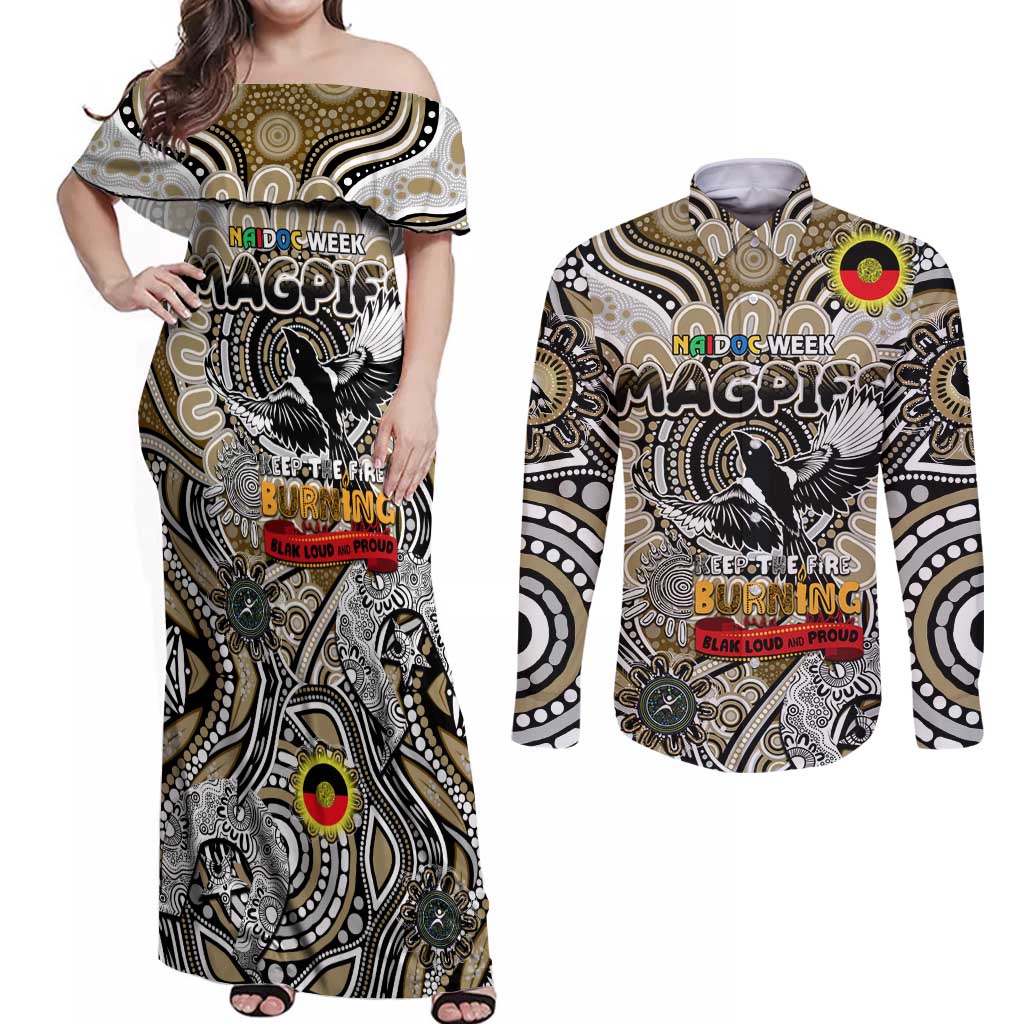 Custom Collingwood Magpies NAIDOC Week 2024 Couples Matching Off Shoulder Maxi Dress and Long Sleeve Button Shirt Mascot Football