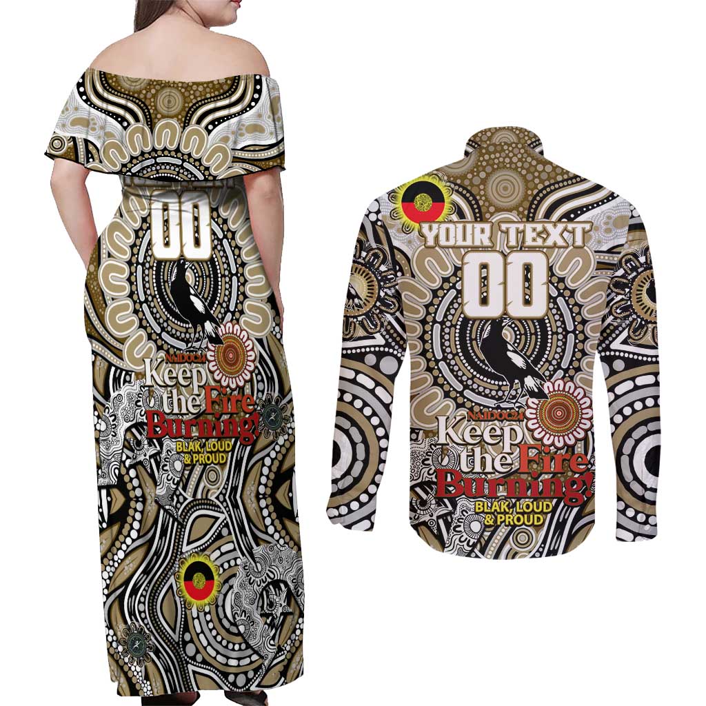 Custom Collingwood Magpies NAIDOC Week 2024 Couples Matching Off Shoulder Maxi Dress and Long Sleeve Button Shirt Mascot Football