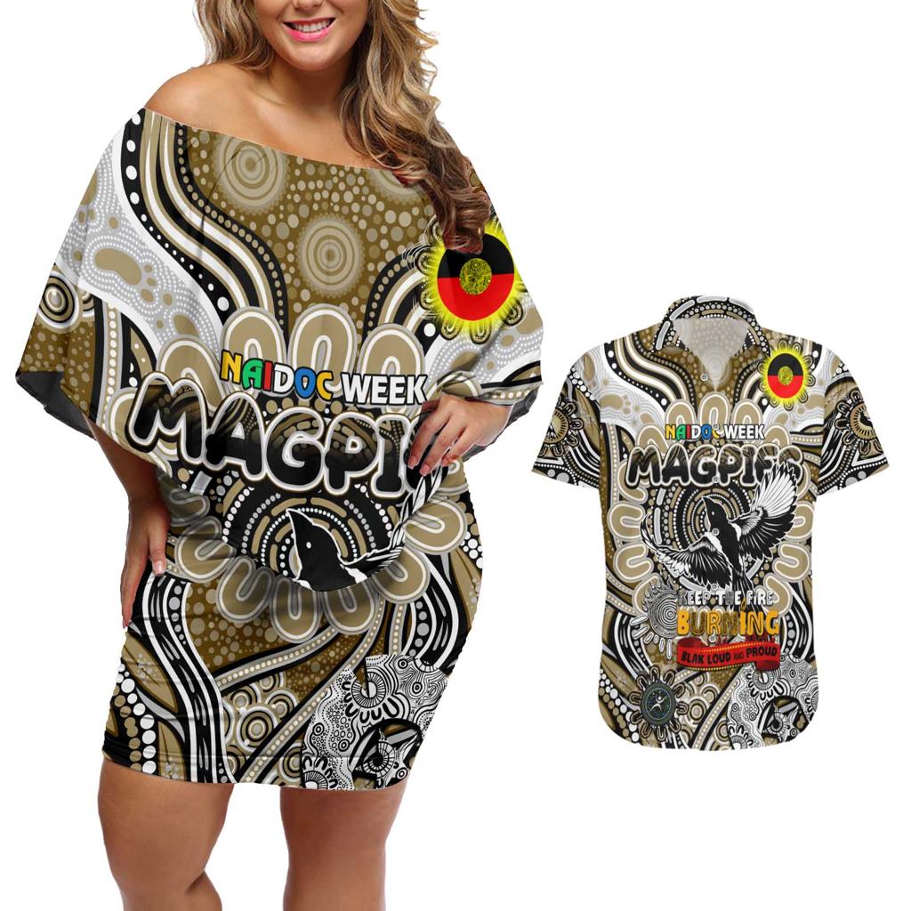Custom Collingwood Magpies NAIDOC Week 2024 Couples Matching Off Shoulder Short Dress and Hawaiian Shirt Mascot Football