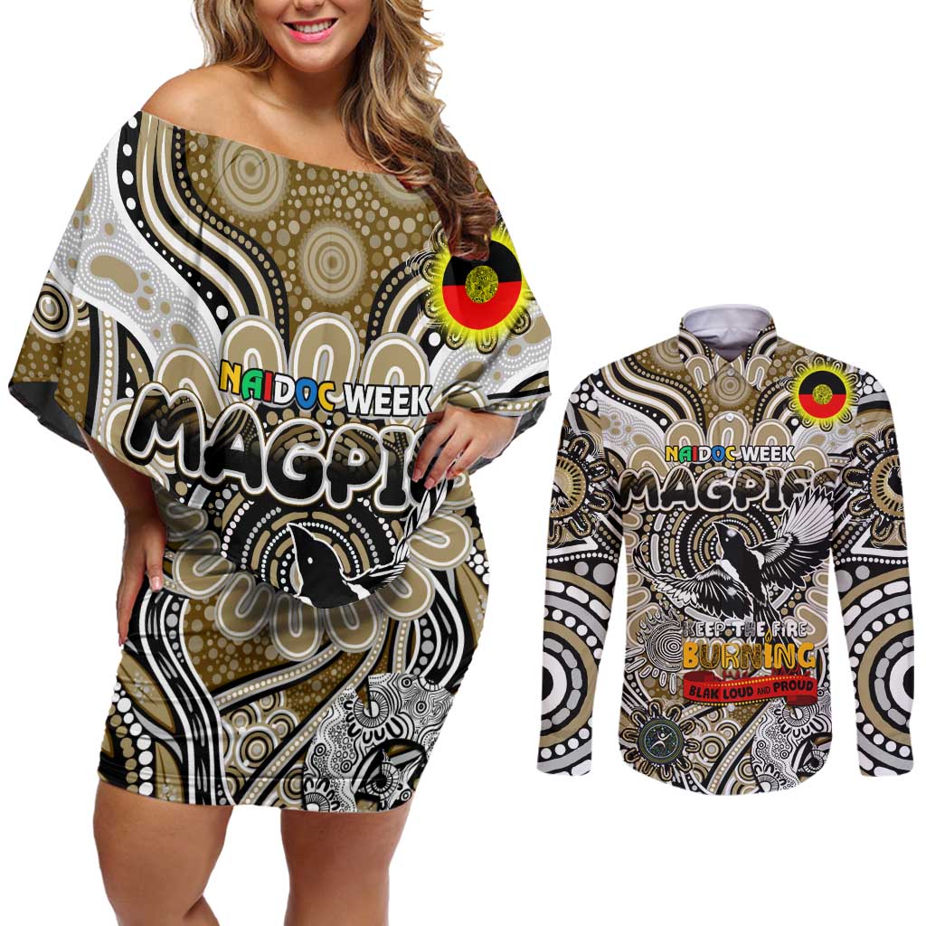 Custom Collingwood Magpies NAIDOC Week 2024 Couples Matching Off Shoulder Short Dress and Long Sleeve Button Shirt Mascot Football