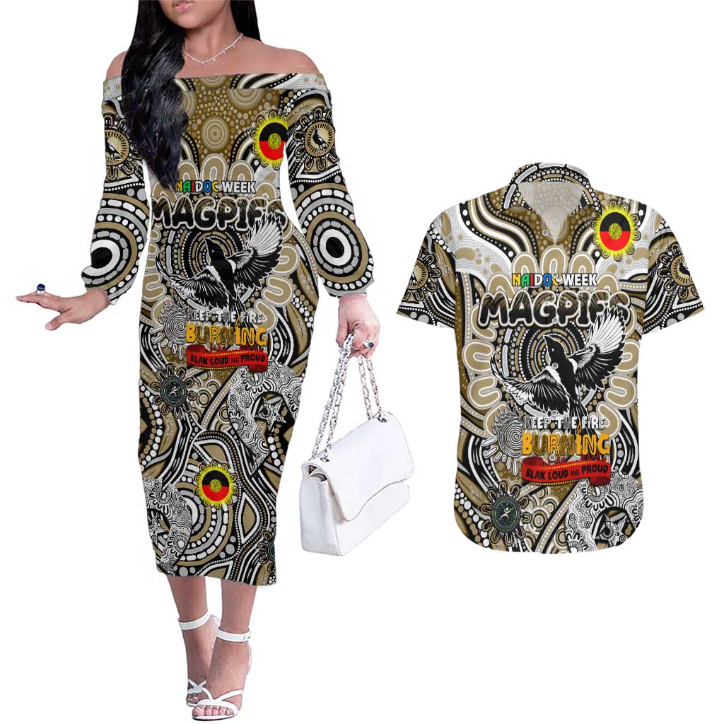 Custom Collingwood Magpies NAIDOC Week 2024 Couples Matching Off The Shoulder Long Sleeve Dress and Hawaiian Shirt Mascot Football