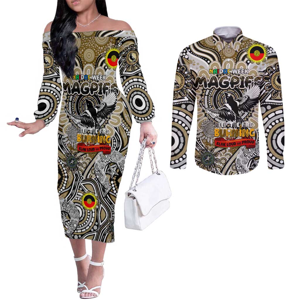 Custom Collingwood Magpies NAIDOC Week 2024 Couples Matching Off The Shoulder Long Sleeve Dress and Long Sleeve Button Shirt Mascot Football