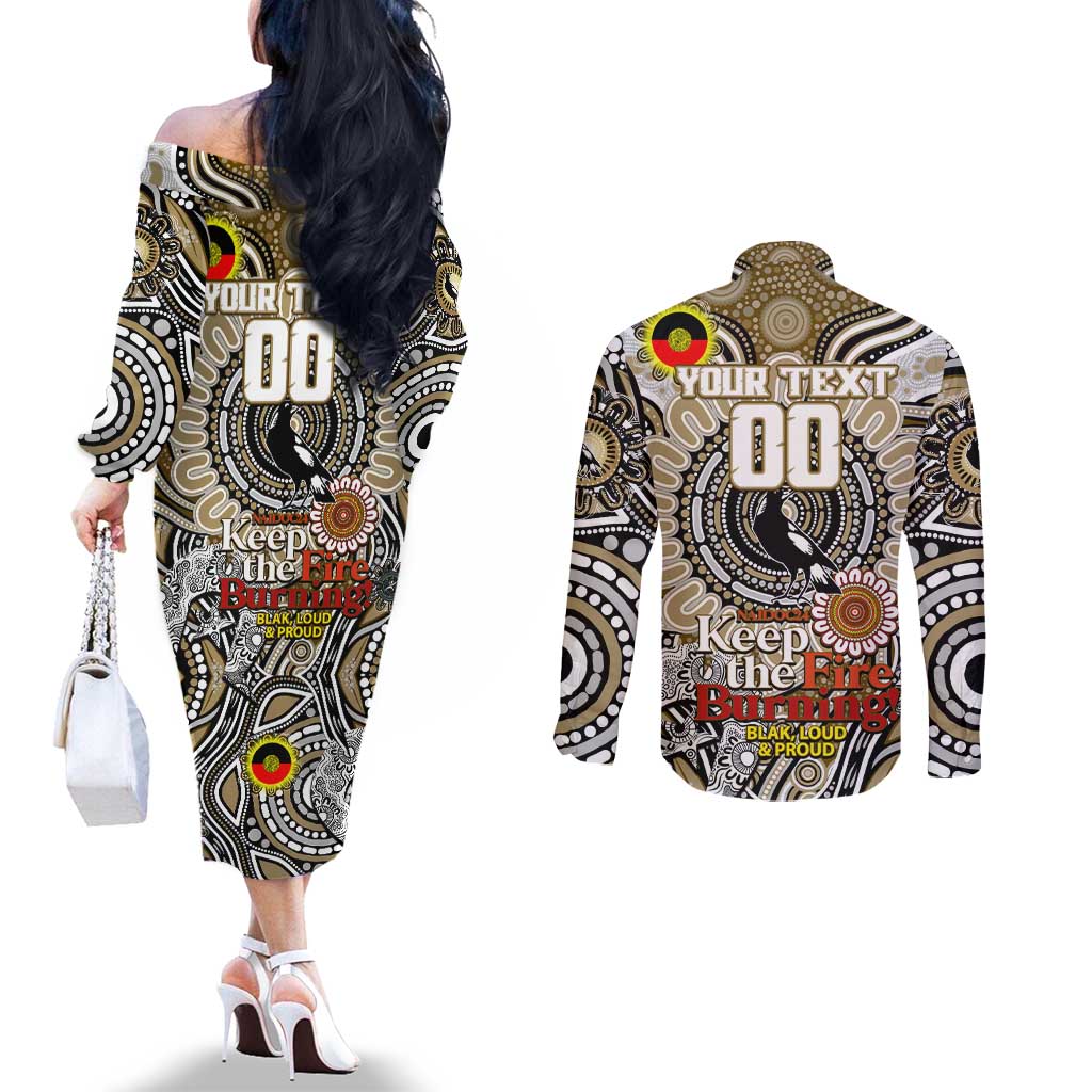 Custom Collingwood Magpies NAIDOC Week 2024 Couples Matching Off The Shoulder Long Sleeve Dress and Long Sleeve Button Shirt Mascot Football