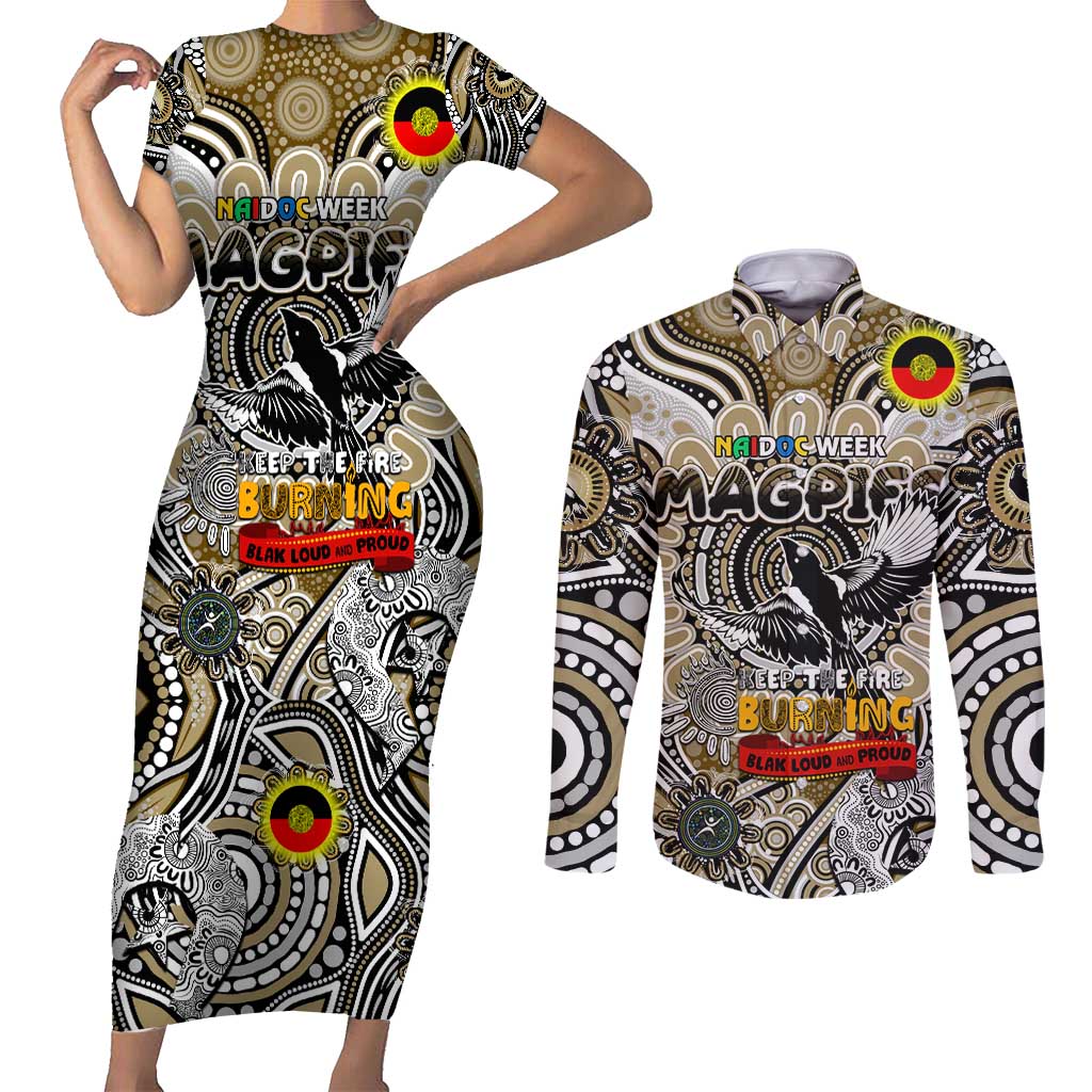 Custom Collingwood Magpies NAIDOC Week 2024 Couples Matching Short Sleeve Bodycon Dress and Long Sleeve Button Shirt Mascot Football