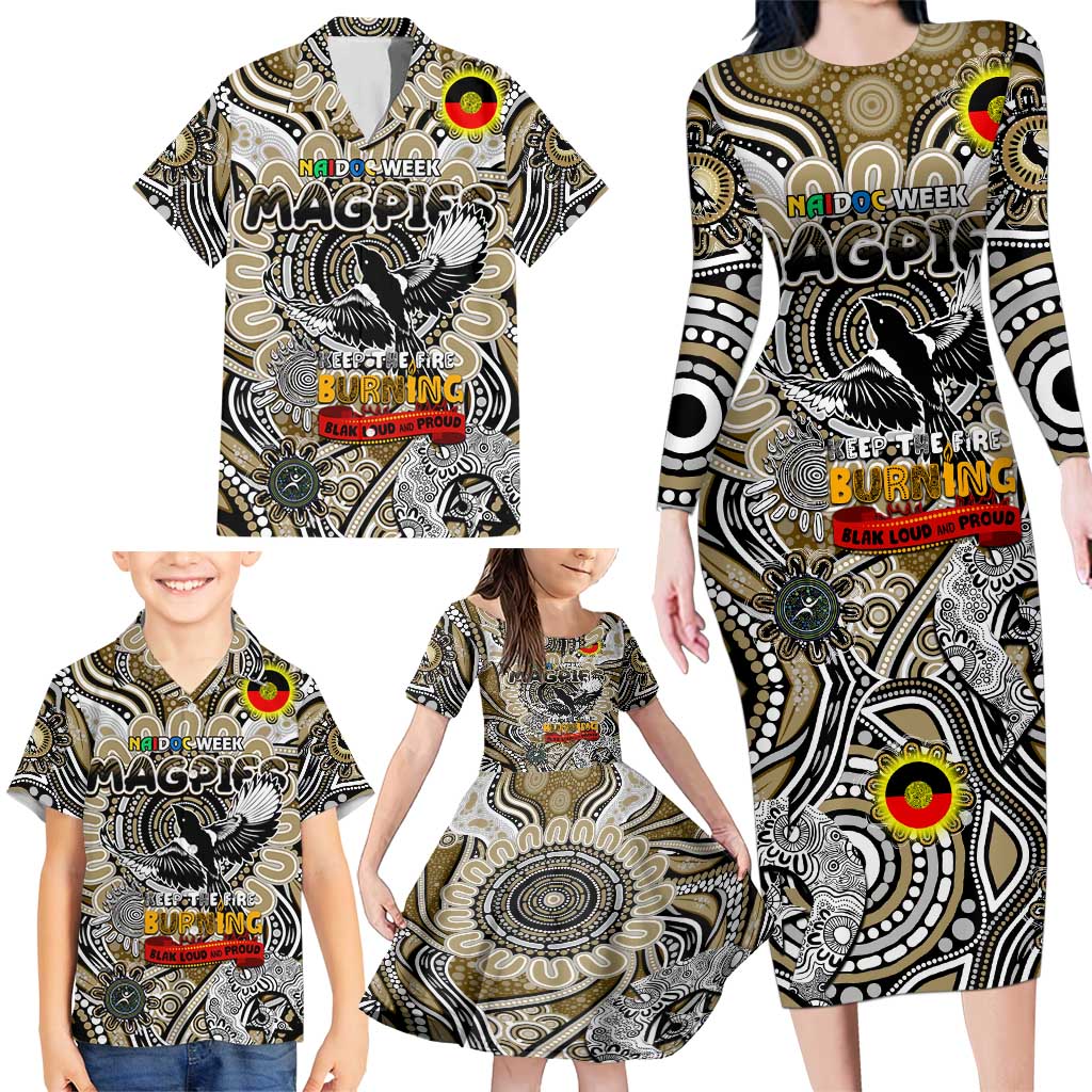 Custom Collingwood Magpies NAIDOC Week 2024 Family Matching Long Sleeve Bodycon Dress and Hawaiian Shirt Mascot Football
